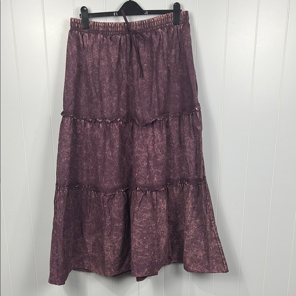 Zenana Womens Maxi Skirt 1X Plum Mineral Wash Drawstring Waist Tiers 100% Cotton - Picture 1 of 10